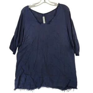 Raquel Allegra 0‎ Navy Blue Raw Edge V-Neck Oversized Tee Boho Lagenlook Slouchy